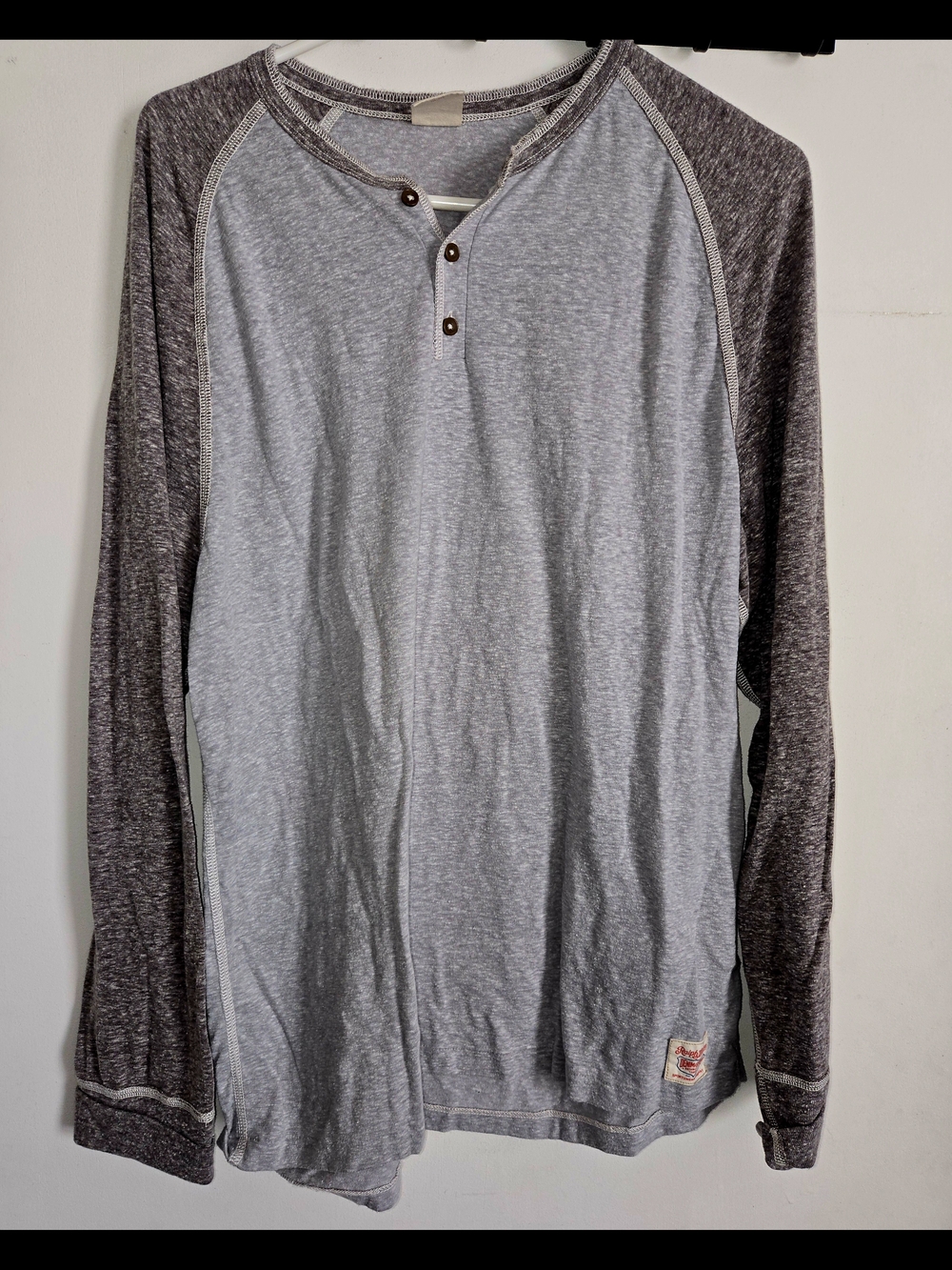 Denim & Supply Ralph Lauren men's gray raglan long sleeve Henley shirt.